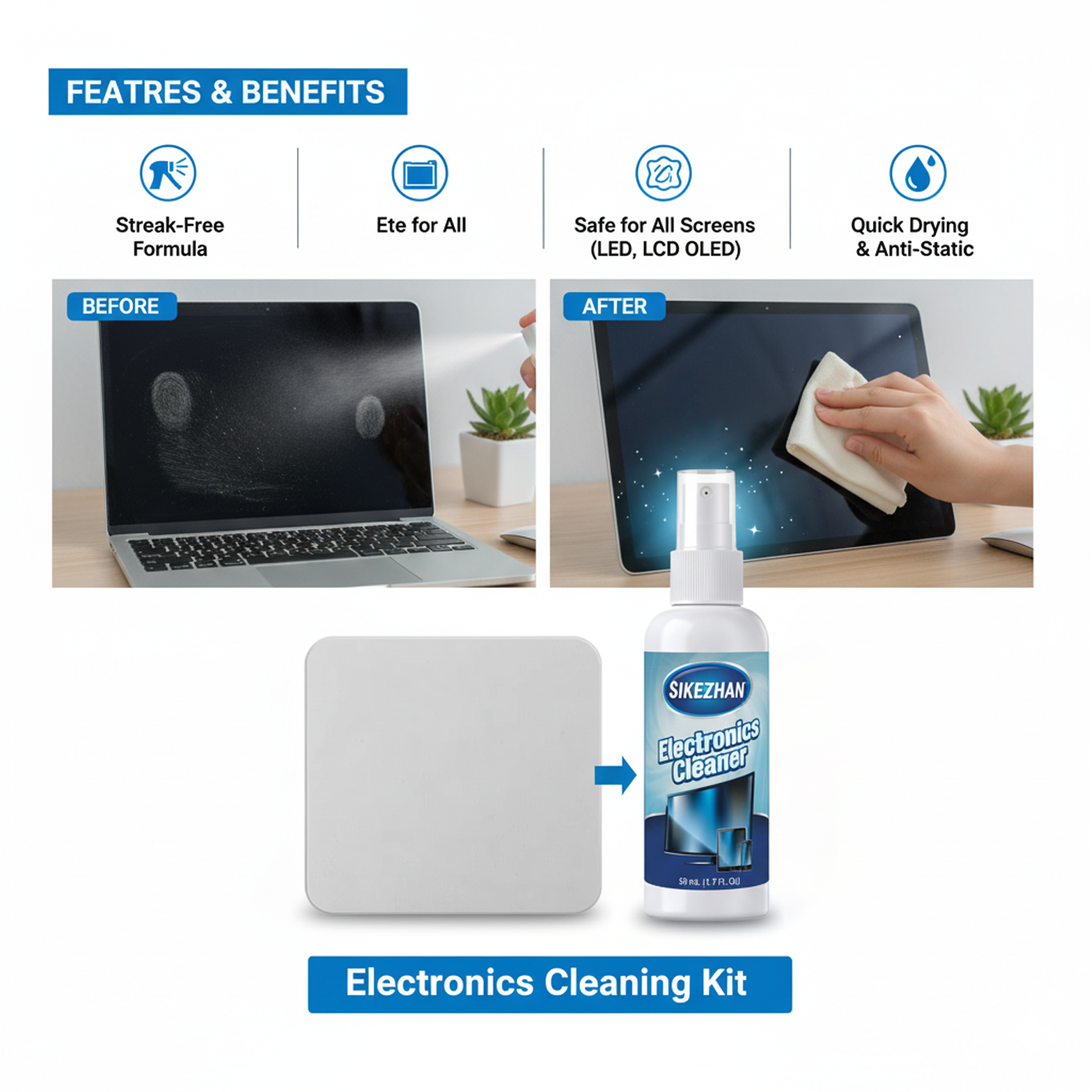 Screen Cleaner Spray - Kit de spray e pano de